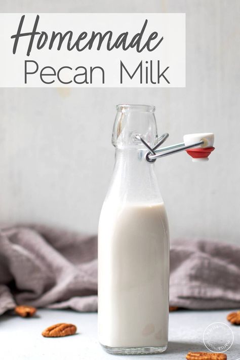 Learn how to make homemade pecan milk! This dairy-free milk is creamy and delicious and just lightly sweetened with maple syrup or dates. Add it to your coffee, tea, or breakfast oats. #pecans #plantbased Pecan Milk Recipe, Pecan Milk, Golden Milk Latte, Breakfast Oats, Milk Plant, Milk Allergy, Homemade Scrub, Nut Milk Bag, Roasted Pecans