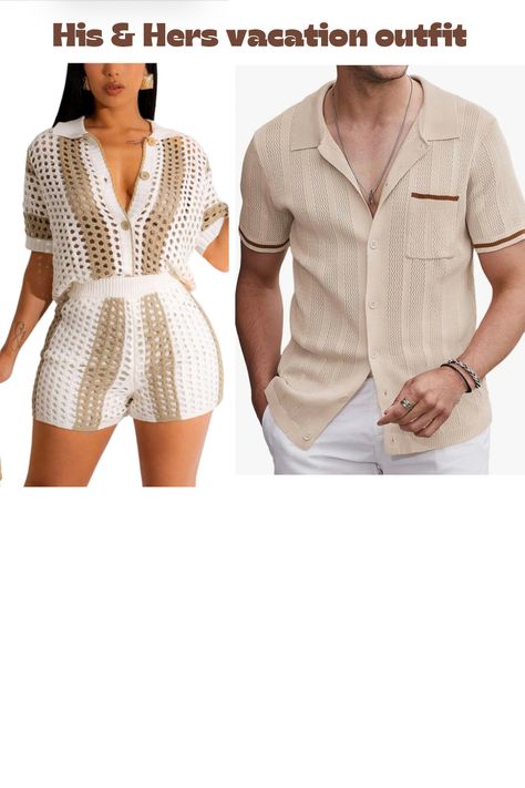 Vacation Couple Outfits, Couple Vacation Outfits, Couples Vacation Outfits, Button Down Shirt And Shorts, Couple Vacation, Vacation Fits, Shirt And Shorts Set, Couples Vacation, Cute Couple Outfits