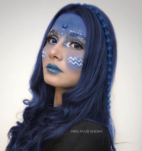 Aquarius Makeup Zodiac Signs, Aquarius Costume Zodiac, Aquarius Costume, Aquarius Makeup, Metallic Makeup, Walk Idea, Zodiac Sign Fashion, Aquarius Woman, Amazing Halloween Makeup