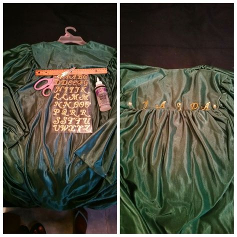 Personalized decorated graduation gown Graduation Gown Ideas Diy, Gown Decoration Graduation, Decorated Graduation Gown, Graduation Gown Decoration Ideas, Graduation Tassel, Graduation Cap And Gown, School Goals, Graduation Gown, Graduation Caps