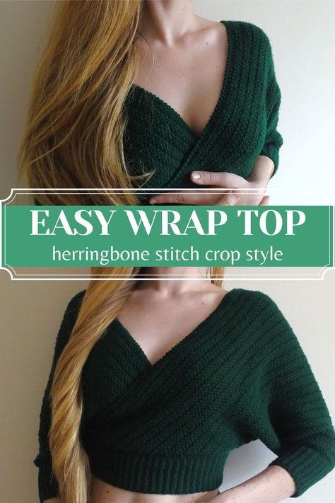 This super easy and beginner friendly crochet wrap top is a flattering crop style with a beautiful chunky herringbone stitch giving it lots of texture and warmth. Full video tutorial at the link and written instructions found in the video description 💚 #crochettop #crochetcroptop #crochetjumper #crochetsweater #crochetcrop #easycrochet #beginnercrochet #crochettutorial Easy Crochet Wrap, Crochet Wrap Top, Sweatshirt Romper, Cardigan Au Crochet, Easy Wrap, Crochet Mignon, Confection Au Crochet, Herringbone Stitch, Crochet Clothes For Women