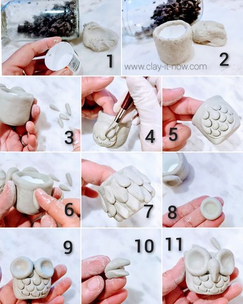 Steps to make mini owl planter DIY from waste and paper clay- Complete tutorial at clayitnow-2 Paper Clay Birds, Air Dry Clay Owl How To Make, Owl Clay Art, Clay Owls For Kids, Owl Sculpture Clay, Clay Owl Wall Hanging, Small Plastic Bottles, Owl Planter, Planter Diy