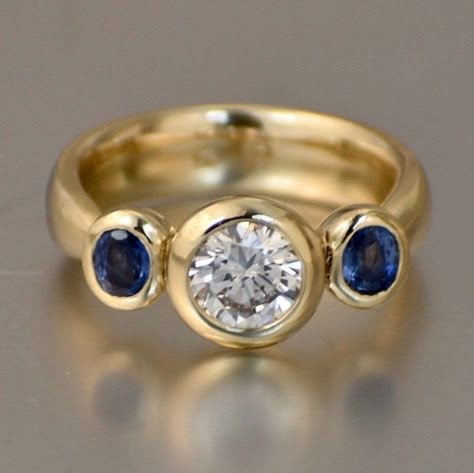 Bezel Moissanite Engagement Ring With Sapphire Side Stones, Heavy 3 Stone Gold Ring, Ethically Sourced Gemstones - Etsy Saphire Jewelry, Engagement Ring With Sapphire, Jewelry Redesign, Stone Gold Ring, Sapphire Side Stones, 3 Stone Engagement Rings, Blue Bell, Right Hand Rings, Three Stone Engagement