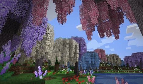 Flower Forest Minecraft, Wisteria Trees, Flower Forest, Wisteria Tree, New Flower, Vine Leaves, Biome, Minecraft Mods, Delphinium