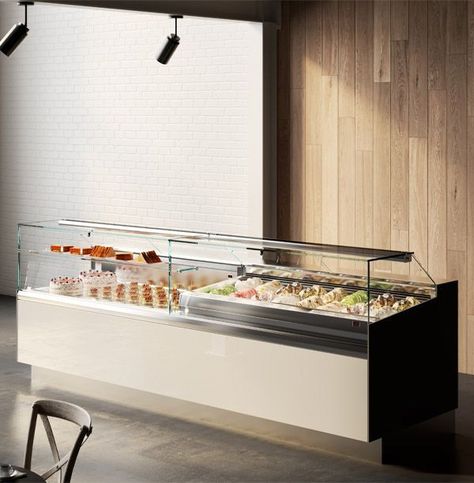 Ice Cream Display Counter, Ice Cream Display Ideas, Minimalist Ice Cream Shop, Ice Cream Counter Design Display, Gelato Bar Design, Ice Cream Fridge Design, Ice Cream Kiosk Design, Ice Cream Display Freezer, Gelato Shop Design