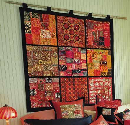 wall hanging like these gives a different aura to the house Indian Wall Hangings Diy, Patchwork Wall Hanging, Cloth Wall Hangings, Indian Wall Decor, Fabric Wall Decor, Indian Interiors, Bohemian Wall Hanging, Indian Homes, Trendy Bedroom