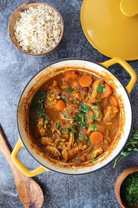 Paleo Moroccan Chicken Stew - Moroccan spiced veggies with shredded chicken and chopped dates | Dairy Free   Paleo Moroccan Chicken Stew, Chopped Dates, Moroccan Chicken, Dairy Free Paleo, One Pot Dinners, Rotisserie Chicken Recipes, Moroccan Food, Chicken Stew, New Energy