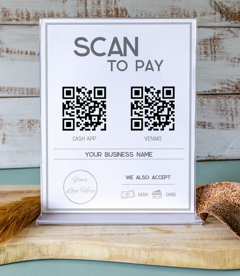 These minimal grey scan to pay sign poster are customizable and your business info is easy tot add **also as instant download**. With 2 QR codes you can choose venmo, paypal, cashapp or any other payment app to link to your sign for customers to easily pay for there purchase. Square Payment, Scan To Pay Sign, Scan To Pay, Qr Codes, Business Names, Qr Code, Sign Poster, Instant Download, Coding