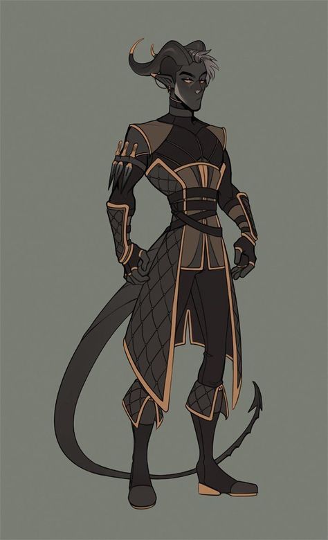 Fantasy Species Concept Art, Oc Outfits Drawing Male, Teifling Clothes, Tiefling Outfits, Dnd Fashion Male, Masculine Fantasy Outfit, Swamp Character Design, Goth Fantasy Outfit, Tiefling Outfit