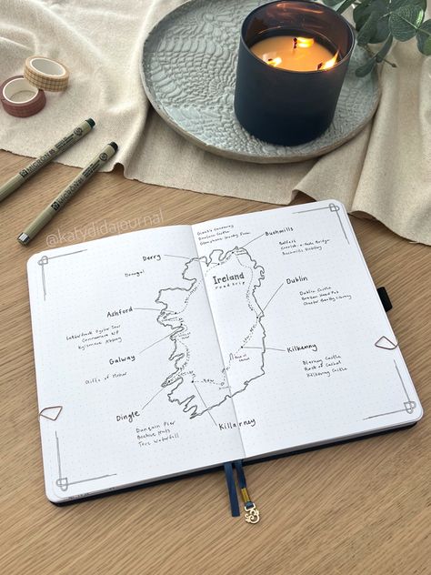 Two week Ireland road trip map in my travel journal Mini Travel Journal Ideas, Ireland Travel Journal Ideas, Ireland Travel Journal, Trip Journal Ideas, Ireland Road Trip Map, Travelling Journal, Road Trip Journal, My Travel Journal, Travel Journal Ideas