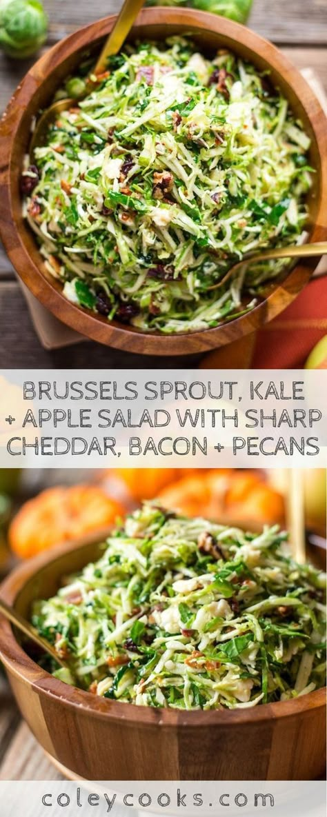 BRUSSELS SPROUT, KALE + APPLE SALAD with SHARP CHEDDAR, BACON + PECANS | Easy, flavorful and healthy fall salad perfect for Thanksgiving. #thanksgiving #side #salad #kale #brusselssprouts #recipe #apples #easy #makeahead | ColeyCooks.com Kale Brussel Sprout Salad, Kale And Apple Salad, Chopped Brussel Sprouts, Healthy Fall Salads, Kale Apple Salad, Bacon Kale, Brussel Sprout Salad Recipes, Shaved Brussel Sprouts, Cobb Salad Recipe