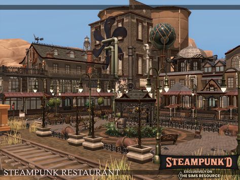 The Sims Resource - Steampunked - Steampunk Restaurant | noCC Steampunk House Sims 4, Modern Nature House, Steampunk Bed, Steampunk Restaurant, Steampunk Cafe, Sims 4 Restaurant, Sims4 House, Steampunk City, The Sims 4 Lots