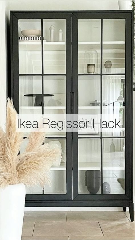 mishkashoe on Instagram: IKEA REGISSOR Display Cabinet Hack —————————————————— All you need is : • REGISSOR display cabinet • Primer • Paint • Timber pieces • No… Ikea Glass Display Cabinet Hack, Cabinet Primer, Ikea China Cabinet, Ikea Tall Glass Cabinet, Ikea Regissor, Ikea Glass Cabinet Plants, Ikea Glass Plant Cabinet, Ikea Glass Cabinet, Ikea Bar Cabinet