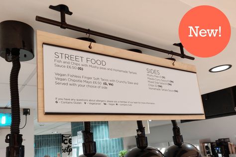 Industrial Style Café Hanging Rail Menu with Plywood Boards – Goodwin & Goodwin™ - London Sign Makers Changing Menu Board, Hanging Menu Boards Coffee Shop, Hanging Menu Board Design, Menu Board Design Cafe Display, Menu Signage Design, Hanging Menu Boards, Menu Boards Design, Restaurant Menu Board Design, Wall Menu Design