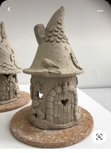 Ceramics Fairy House, Pottery Fairy Houses Handmade, Clay Fairy House Ideas, Ceramic Fairy House Ideas, Fairy House Pottery, Pottery Fairy Houses, Fairy Ceramics, Clay Fairy House Diy, Air Dry Clay Fairy House