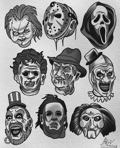 Halloween Character Tattoos, 90s Horror Tattoo, Mens Horror Tattoos, Jason Voorhees Art Drawing, Ghostface Tattoo Design Stencil, Terrifier Tattoo Stencil, Small Freddy Krueger Tattoo, Horror Movie Patchwork Tattoo, Halloween Mushroom Tattoo