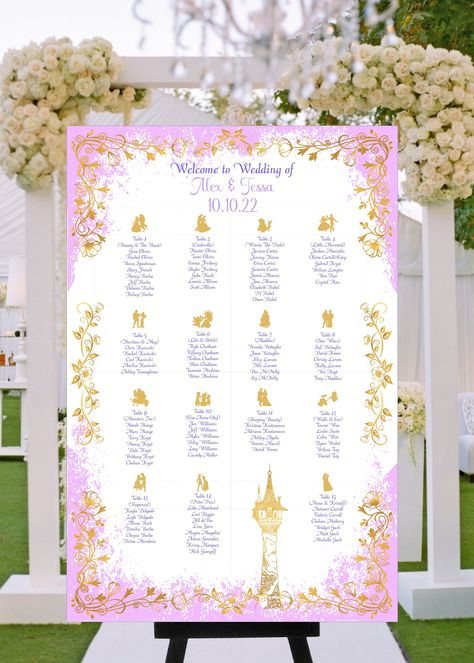 Rapunzel Guest Book, Tangled Seating Chart, Rapunzel Wedding Theme, Disney Wedding Decorations, Wedding Seating Table, Aurora Birthday, Rapunzel Wedding, Tangled Wedding, Be Our Guest Sign