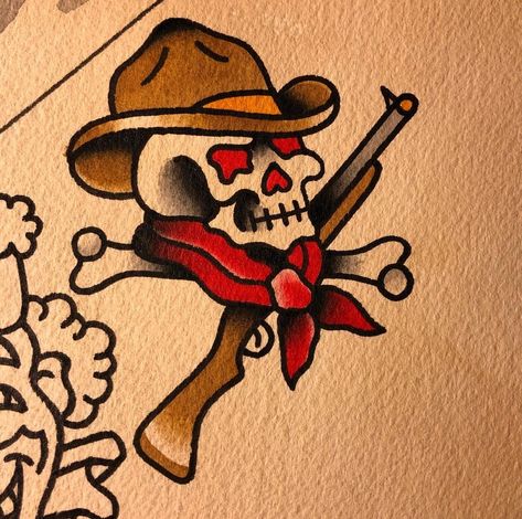 Traditional cowboy skull Cowboy Skull Tattoo, Sailor Jerry Tattoo Flash, Cowboy Skull, Traditional Black Tattoo, Cowboy Tattoos, Sailor Jerry Tattoos, Traditional Style Tattoo, Saved Tattoo, Traditional Sleeve