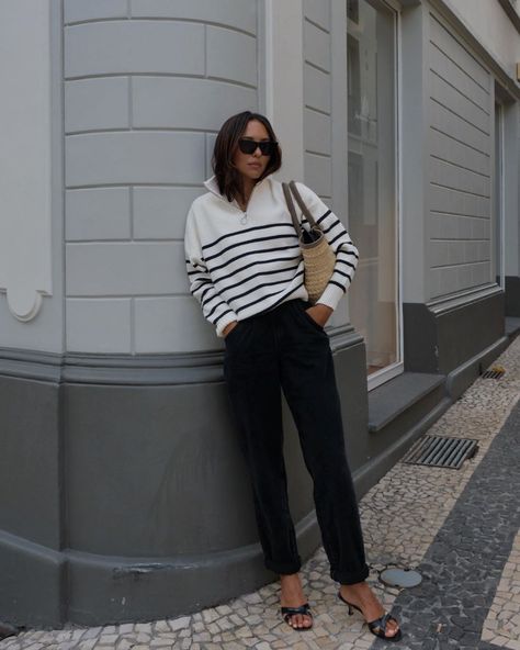 The most stylish Mango fall buys fashion influencers are wearing now Half Zip Sweater Outfit, Zip Sweater Outfit, Striped Sweater Outfit, White Striped Sweater, Skandinavian Fashion, Stripe Outfits, Sweater Trends, Estilo Preppy, Looks Street Style