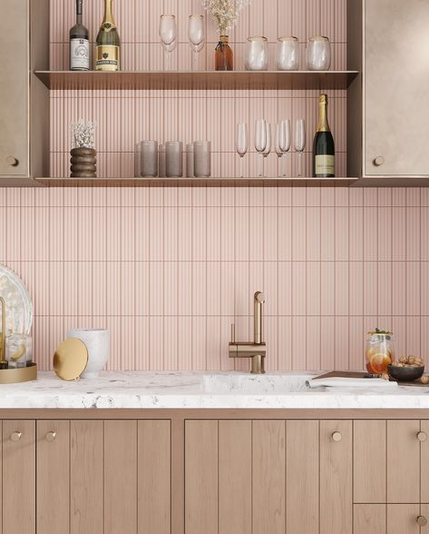 Trust us when we say pink is one of the colors of the year, and we’re totally here for it! 🌸 From soft peachy hues that add light and brightness to any space, to bold ceramic tiles, large format stone-look porcelain, and charming small mosaic rounds—Tile Club has the perfect pink for you. 💕 Swipe through to see some of our prettiest pink tiles, and don’t forget to check out the last photo for a show-stopping look! Accent Wall Pink, Pink Backsplash, Mod Interior, Colorful Kitchens, Bar Nook, Small Mosaic, Pink Tile, Girl Bathrooms, Pink Pencil