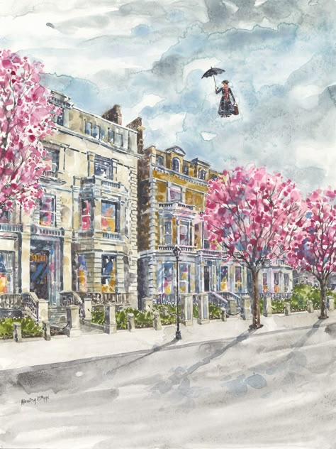 "17 Cherry Tree Lane," inspired by my trip to London this past fall and of course the lovely Emily Blunt in "Mary Poppins Returns." Mary Poppins Watercolor, Mary Poppins Poster, Merry Poppins, Cherry Tree Lane, Mary Poppins Returns, London Architecture, Work Home, Practically Perfect, Travel Humor