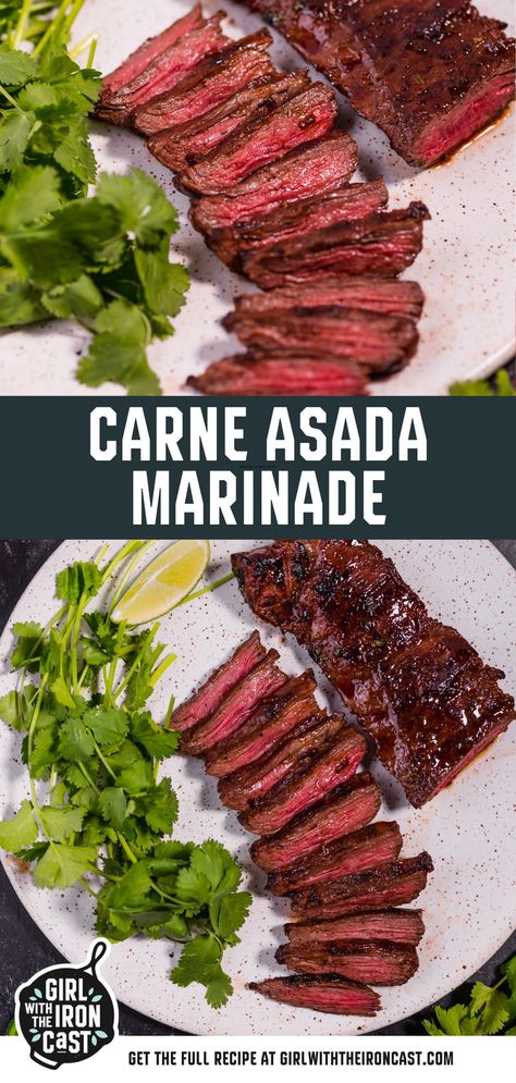 This carne asada marinade recipe is the perfect juicy steak recipe! The marinade infuses so much flavor into the skirt steak and tenderizes the meat for a few hours. After grilling, you’re left with a tender and juicy carne asada steak, which is delicious on tacos! This carne asada recipe will be your new favorite! Steak Asada, Marinade For Carne Asada, Juicy Steak Recipe, Carne Asada Marinade Recipe, Grilled Carne Asada, Easy Beef Dinner, Carne Asada Recipes Marinade, Easy Summer Grilling Recipes, Asada Marinade