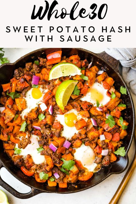 This sweet potato hash with sausage is easy to make, ready in just 30 minutes, and has a flavorful southwest twist. Eat it for breakfast, lunch, or dinner for a healthy meal that's filling and so tasty! Whole30, and Paleo too! Butternut Squash Breakfast, Squash Breakfast, Paleo Breakfast Sausage, Sweet Potato Sausage, Sweet Potato Breakfast Hash, Muffins Paleo, Potato Sausage, Sausage Hash, Loaded Sweet Potato