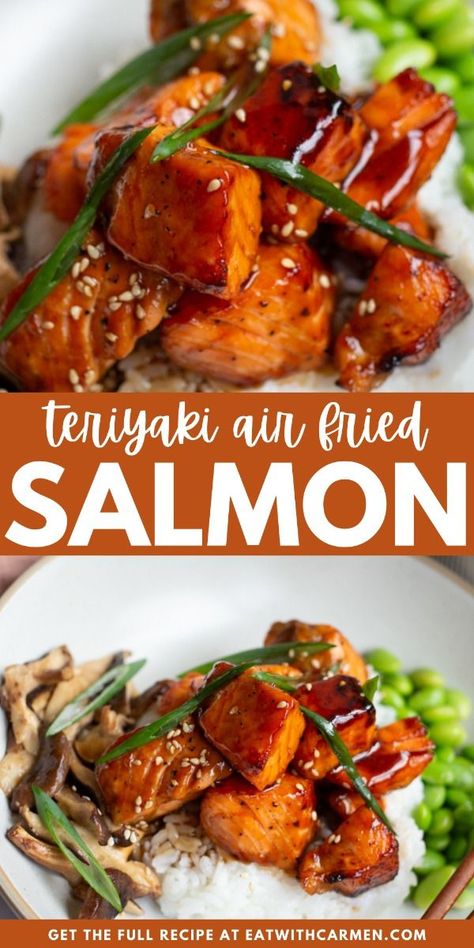 Air Fryer Teriyaki Salmon: Delicious teriyaki salmon cooked to perfection in the air fryer for a quick and healthy meal. Teriyaki Salmon In Air Fryer, Teriyaki Salmon Air Fryer Recipes, Teriyaki Salmon And Rice, Teriyaki Salmon Recipes, Teriyaki Salmon Bowl, Fusion Foods, Quick Fall Recipes, Salmon Bites Recipe, Salmon Teriyaki