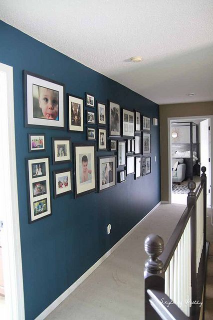 Navy Gallery Wall- Anything Pretty | Flickr - Photo Sharing! Navy Living Room Decor, Hallway Stairs And Landing, New England Decor, Navy Living Rooms, Navy Walls, Gallon Of Paint, Photo Wall Gallery, Gallery Wall Living Room, Accent Walls In Living Room