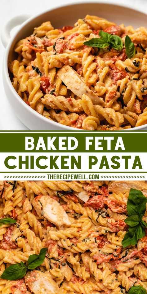 Feta Cheese Chicken Pasta, Feta Pasta Bake With Chicken, Quick Lunch With Chicken, Feta Pasta Crockpot, Baked Feta Chicken Pasta, Healthy Chicken Pasta Casserole, Pasta Bake Recipes Healthy, Tick Tok Pasta, Chicken And Feta Pasta