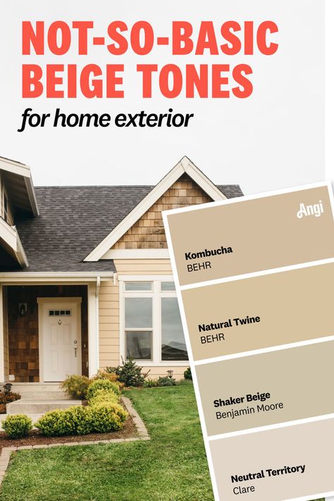 Beige home exterior paint swatch tones, like natural twine and shaker beige Tan Exterior House, Tan Exterior House Colors, Neutral Exterior House Colors, Beige Exterior House Colors, Shaker Beige, Brown Roofs, Grey Exterior House Colors, Stucco Colors, Tan House