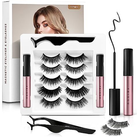 Magnetic Eyelashes with Eyeliner Kit, Reusable Magnetic Eyelashes, Magnetic lashes Natural Looking with Magnetic Eyeliner & Tweezers, Easy to Wear-No Glue Needed (5-Pairs) Magnetic Eyelashes With Eyeliner, Eyelashes With Eyeliner, Eyelashes Magnetic, Lashes Natural, Eyelash Kit, Magnetic Lashes, Magnetic Eyelashes, Strip Lashes, Be Safe