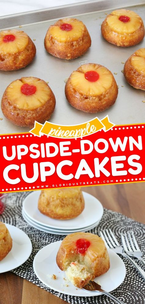 Pineapple Upside-down Cupcakes, easy 4th of july desserts, fruit desserts, summer recipes Upsidedown Pineapple Cupcakes, Pineapple Upside Down Cupcakes Recipe, Easy Upside Down Cupcakes, Pine Apple Upside Down Cupcakes, Pineapple Upsidedown Cupcakes Recipes, Pineapple Upside Down Muffins Cupcakes, Pineapple Upside Down Pound Cake Bites, Pineapple Upside Down Cake Recipe From Scratch Homemade, Homemade Pineapple Upside Down Cake From Scratch