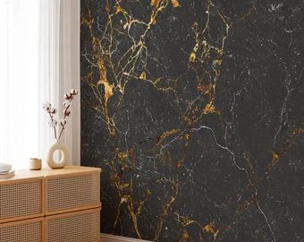 Black Brick Interior, Black Textured Wallpaper, Home Office Decor Inspiration, Gold Painted Walls, Bathroom Tile Floor, Designs For Walls, Wallpaper Bedroom Feature Wall, Marble Wallpapers, Gold Accent Wall