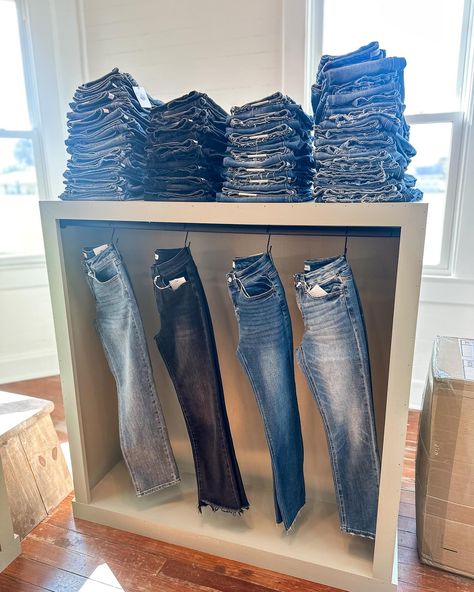 Just had to share our new denim display 😍 & peep the big box of new arrivalsssss!!! Coming to the website FRIDAY! Retail Jean Display, Jean Wall Display Boutique, Denim Wall Display, Jean Display Boutique, Jean Wall, Denim Display, Cow Horse, Summer Jeans, Shop Ideas