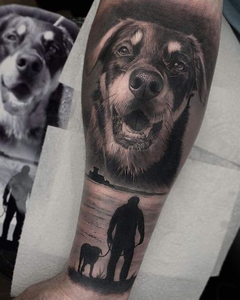 Black Labrador Tattoo Ideas, Dog Memorial Tattoos Men, Rottie Tattoo, Wild Dog Tattoo, Dog Tattoo For Men, German Shepherd Tattoo, Rottweiler Tattoo, Wing Tattoo Men, Dog Portrait Tattoo