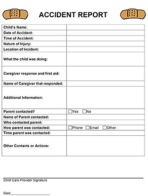 Accident Report Printable for Child Care Accident Report Preschool, Daycare Incident Report Form, Accident Report Form, Inhome Daycare, Daycare Paperwork, Preschool Forms, Daycare Printables, Daycare Business Plan, Preschool Director