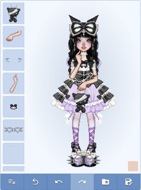 Dress Up Games Aesthetic, Sanrio Dress Up, Sanrio Inspired Outfit Kuromi, Pixel Dress Up Game, Everskies Sanrio, Kuromi Dress To Impress, Sanrio Outfits Dress To Impress, Jirai Kei Sims 4 Cc, Doll Dress Up Games