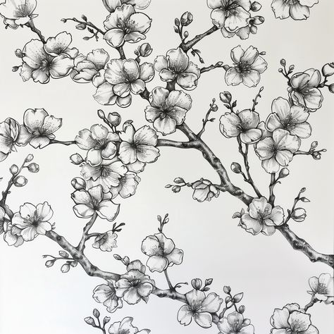 a cherry blossom pattern hand sketched with a black pen on a white background Cherry Blossoms Sketch, Black And White Cherry Blossom Tattoo, Cherry Blossom Sketch, Cherry Blossom Pattern, White Cherry Blossom, Sleeve Ideas, Almond Blossom, Black Pen, Sleeves Ideas