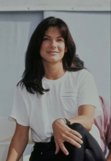 Sandra Bullock Hair 90s, Sandra Bullock Hair, 90s Haircuts, 2nd October, 90s Hairstyles, Satin Lipstick, Sandra Bullock, Thrift Shopping, White T Shirt