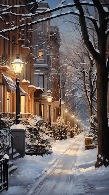 Snowy City Art, Snowy Street Night, Snowy City Night, Snow In City, Nyc Nostalgia, Nostalgia Painting, Snowy New York, Snowy Winter Night, New York City Winter