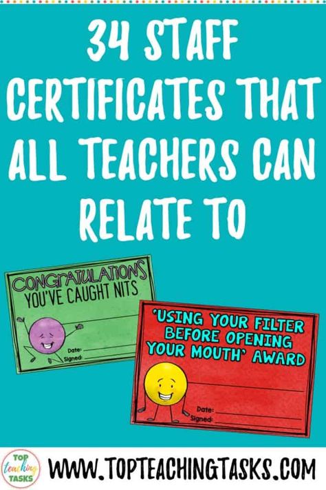 34 staff certificates that all teachers can relate to. I’ve created 34 Staff Certificates that ALL teachers will relate to. Share this post and tag a teacher who will understand!⁣ ⁣Thanks to all those who shared their ideas - I received over 200 suggestions End of the Year. Teacher encouragement. Teacher staff party ideas Staff Certificate Ideas, End Of The Year Staff Gifts, End Of Year Staff Party Ideas, Funny Teacher Awards, Staff Party Ideas, School Encouragement, Staff Awards, Teacher Encouragement, Funny Awards