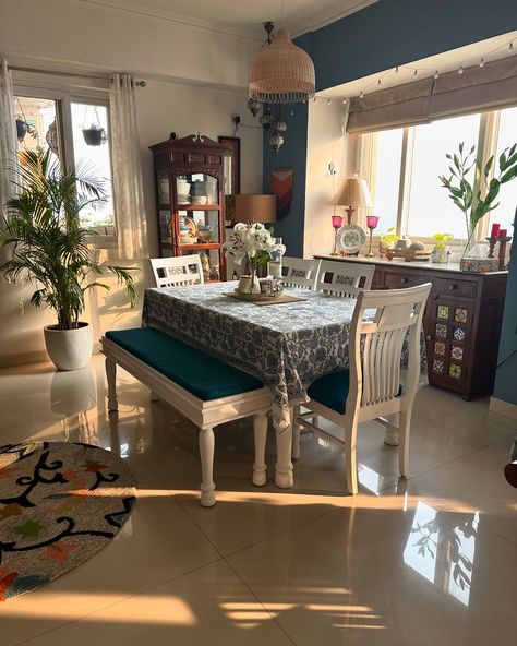 It is one of the most important place of our home it has seen it all. Happiness, gossip, love for food, fights, family and friends . We always sit on dinning table and eat. Some of my table styling. . . . #sunkissed #dinningroom #dinningroomdecor Dining Table Decor Indian Home, Indian Dining Room Decor, Indian Dining Room, Indian Home Design, Hall Interior Design, Dining Room Colors, Hall Interior, Smart Home Design, Small Balcony Decor