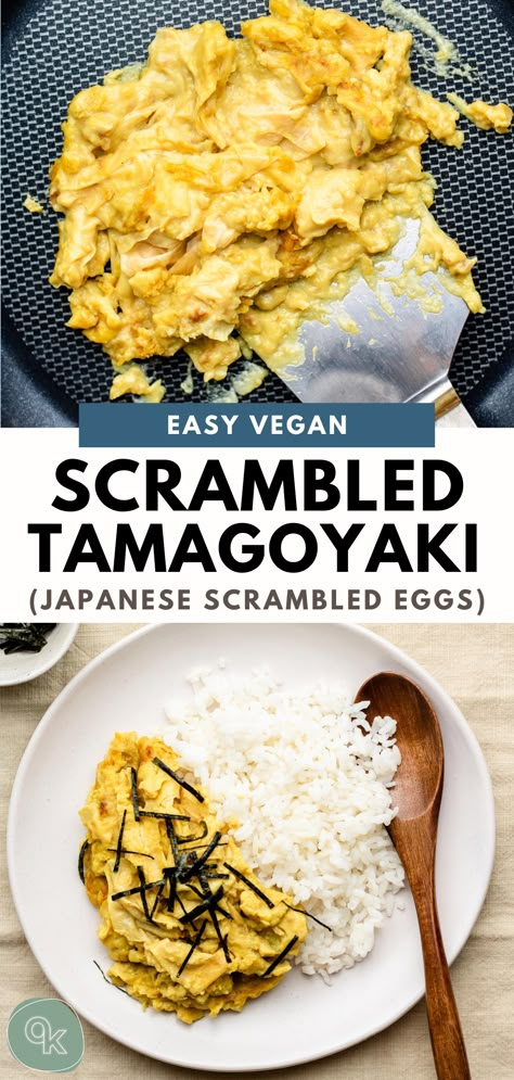 Japanese Vegan Breakfast, Yuba Recipes Dishes, Easy Vegan Japanese Recipes, Silken Tofu Scrambled Eggs, Yuba Recipes Vegan, Tofu Omelette Vegan, Japanese Scrambled Eggs, Vegan Omurice, Vegan Tamagoyaki