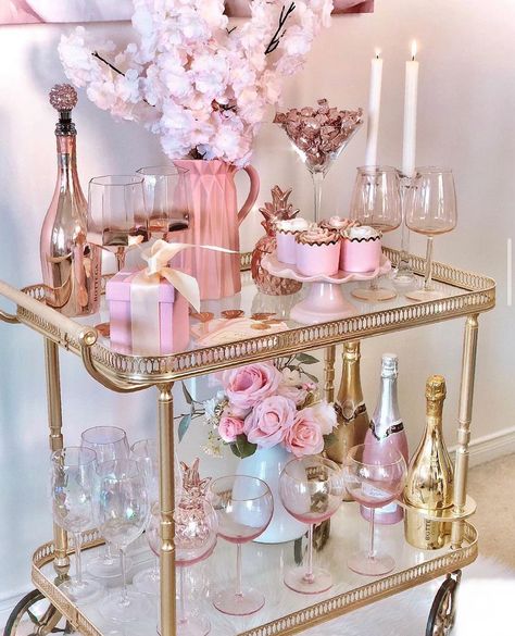 Bar Cart Styling Ideas, Bar Cart Decor Ideas, Cart Decorating Ideas, Apartment Holiday Decor, Unique Bar Cart, Bar Cart Ideas, Bar Cart Design, Cart Ideas, Pink Bar