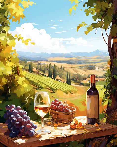 Bottle of wine with glass of wine, and grapes on a table overlooking wine country farmland in the background Winery Drawing, Wine Art Illustration, Winery Painting, Drawing Grapes, Fruit Basket Drawing, Wine Drawing, Grape Drawing, Grapes And Wine, Wine Glass Illustration