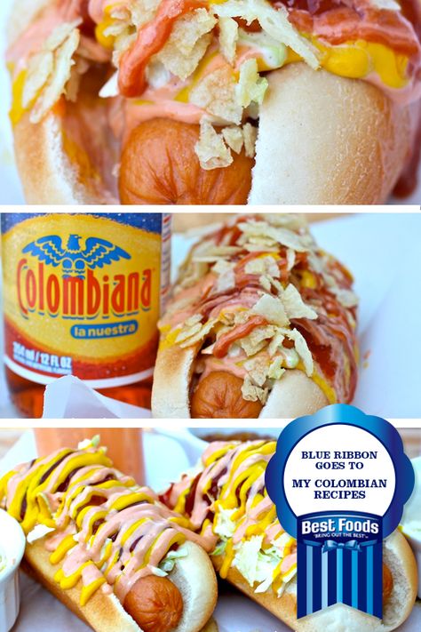 Colombian Hot Dogs from My Colombian Recipes using mayonnaise. Recipes Using Mayonnaise, Colombian Hot Dog, Colombia Party, Colombian Snacks, Colombia Food, Colombian Recipes, Pink Sauce, Pineapple Sauce, Garlic Mayo