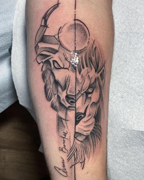 Leo Virgo Cusp Tattoo Design, Taurus And Leo Tattoo Together, Lion And Bull Tattoo, Leo Taurus Tattoo, Leo Tattoo For Men Zodiac, Taurus Leo Tattoo, Leo And Virgo Tattoo, Leo And Taurus Tattoo, Taurus And Leo Tattoo