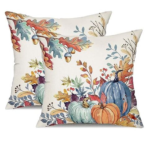 Fall Leaf Decor, Watercolor Pumpkin, Fall Pillow, Fall Pillow Cover, Autumn Thanksgiving, Blue Pumpkins, Pumpkin Pillows, Cat Air, Farmhouse Decoration