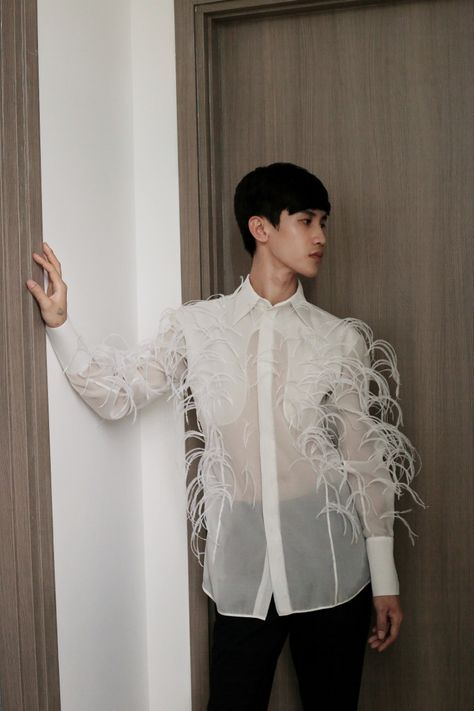 Feather Shirt Outfit, Feather Shirt, Feather Outfit, Filipino Fashion, Met Gala Outfits, Contemporary Bridal, Green Feather, High Fashion Outfits, Fashion Suits For Men